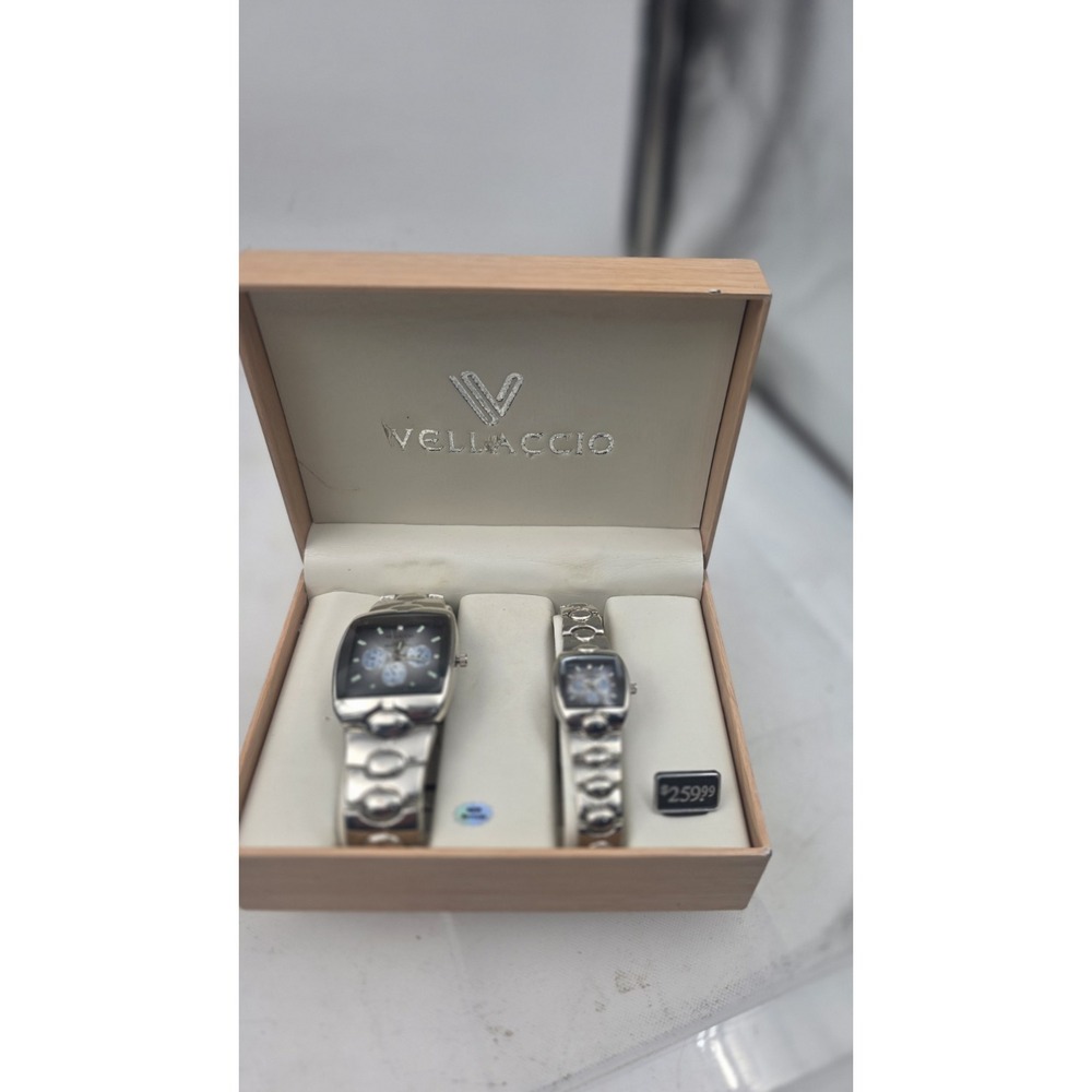 Vellaccio His & Hers Watch Set Silver Color Bands Blue Face in Original Case